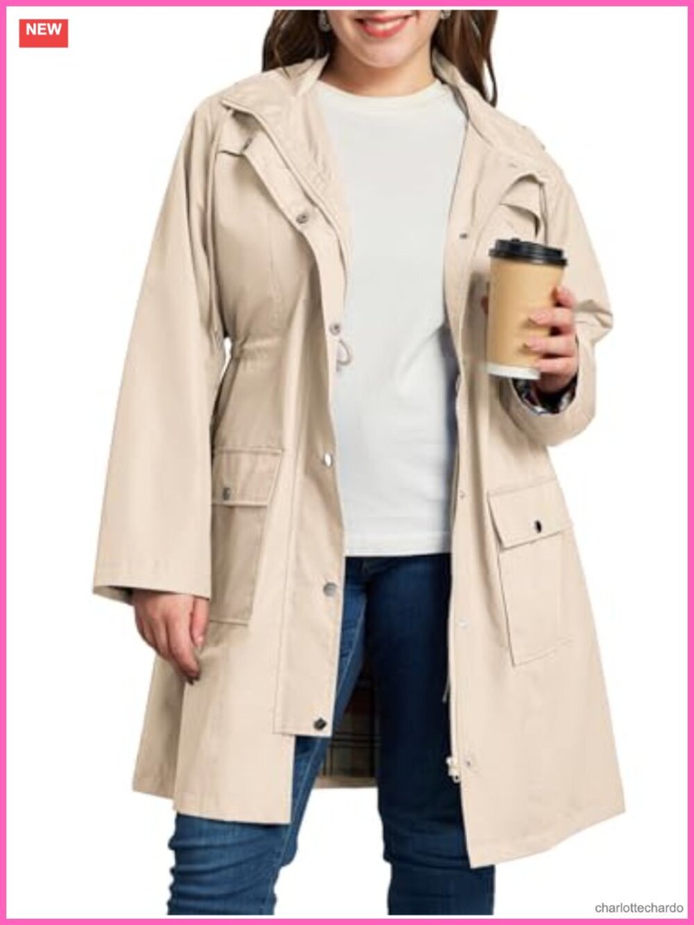 Plus Size Rain Jacket Waterproof Windbreaker Hooded Trench Coat with Pockets